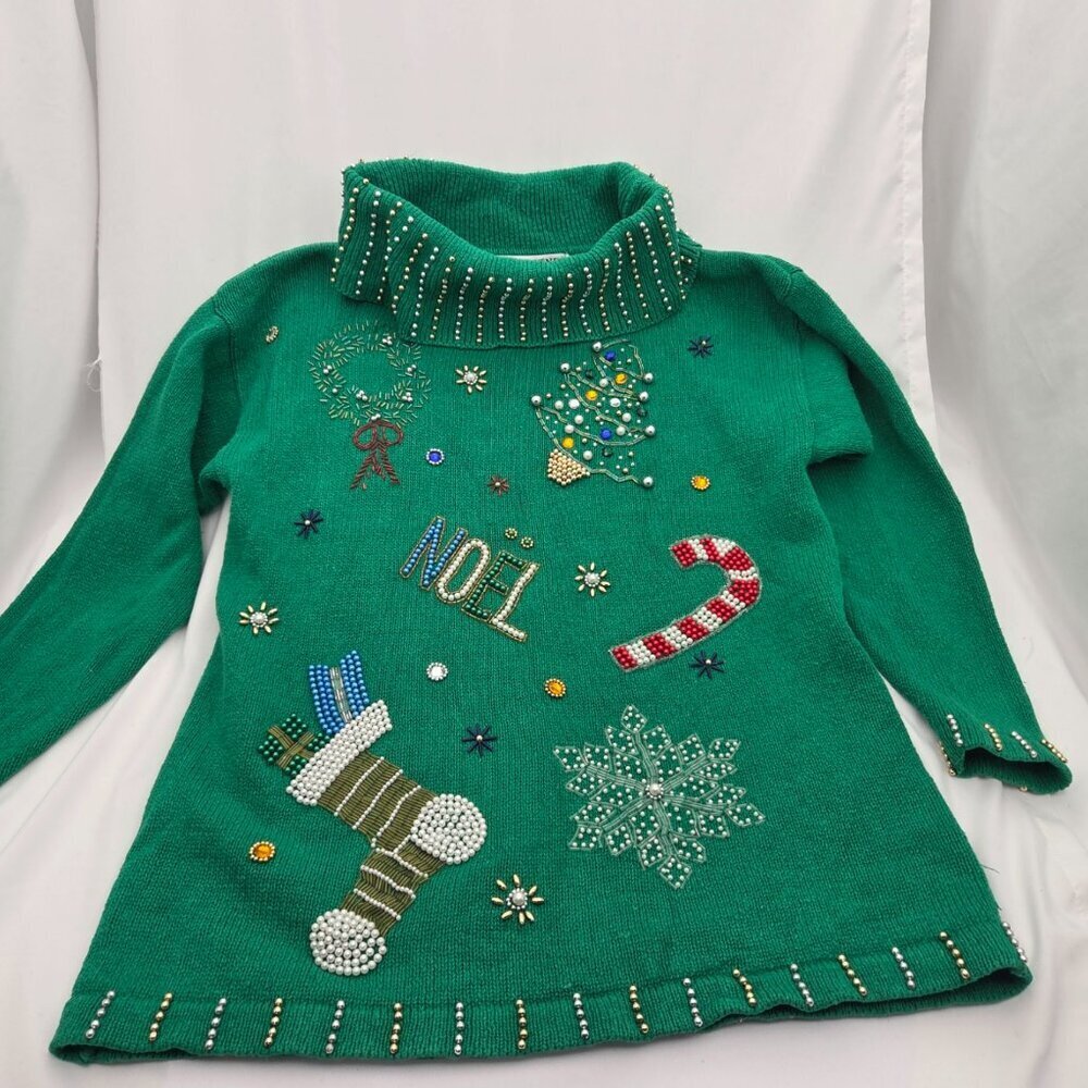 Vintage Victoria Jones Beaded "Noel" Turtleneck Christmas Storybook Sweater L